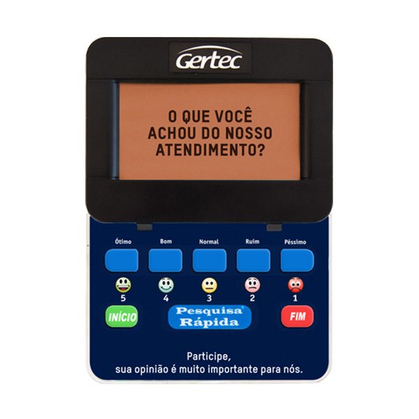 Soluções de Pesquisa Gertec Pesquisa Rápida O Pesquisa Rápida da Gertec é indicado para o comércio e prestadores de serviços em geral. De forma simples e objetiva mede a satisfação da experiência do cliente em seu estabelecimento.